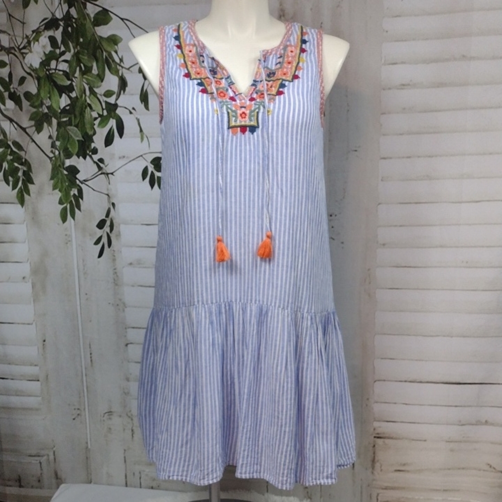 Beachlunchlounge Striped Blue and White Linen Sleeveless Dress Size L